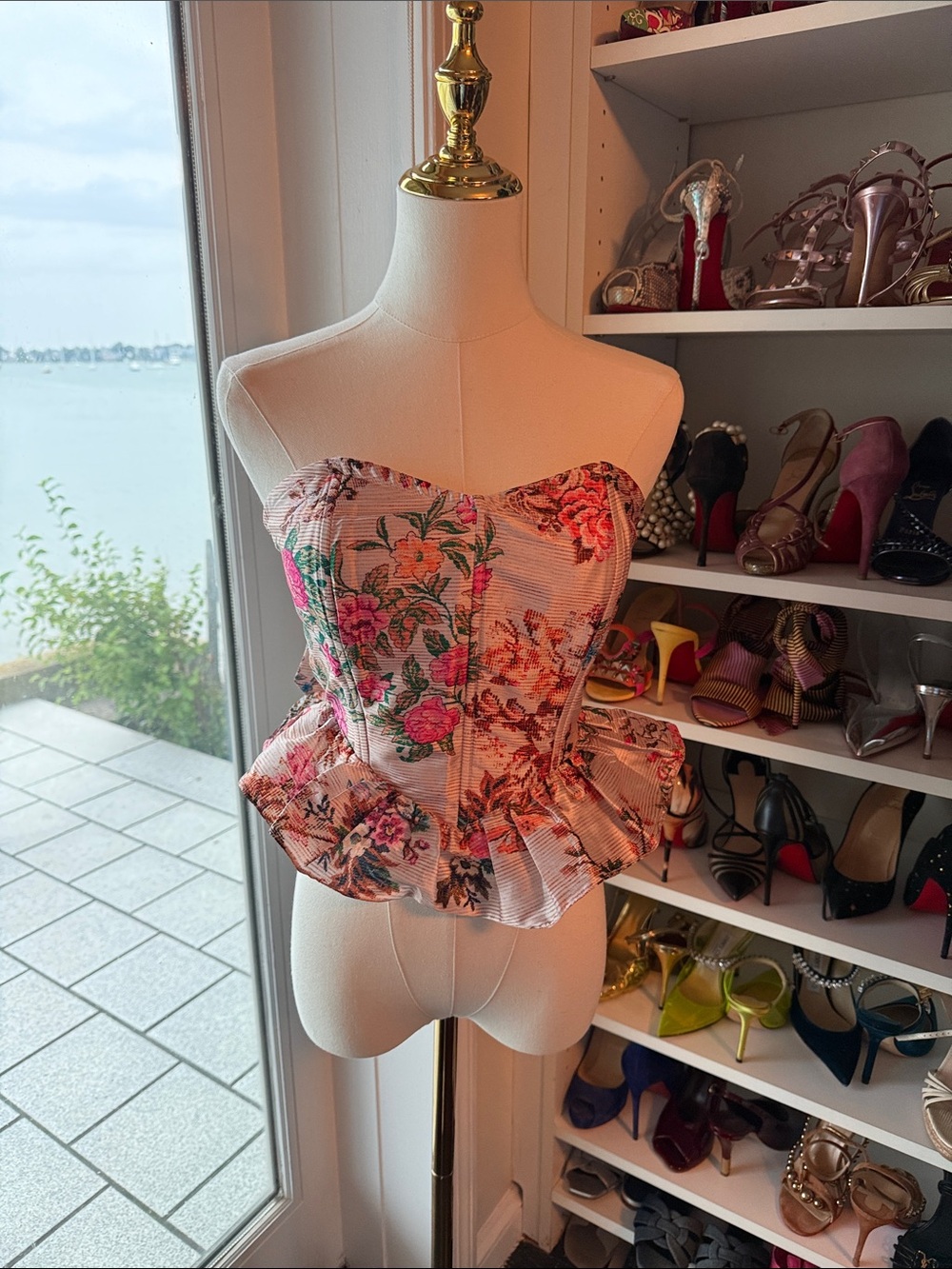 HEMANT & NANDITA Pink Floral Strapless Peplum Corset Top